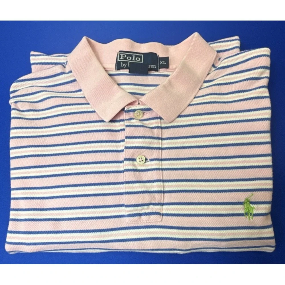 Polo Ralph Lauren Polo Shirt Men's XL Pink Blue Cotton Striped Knit Short Sleeve